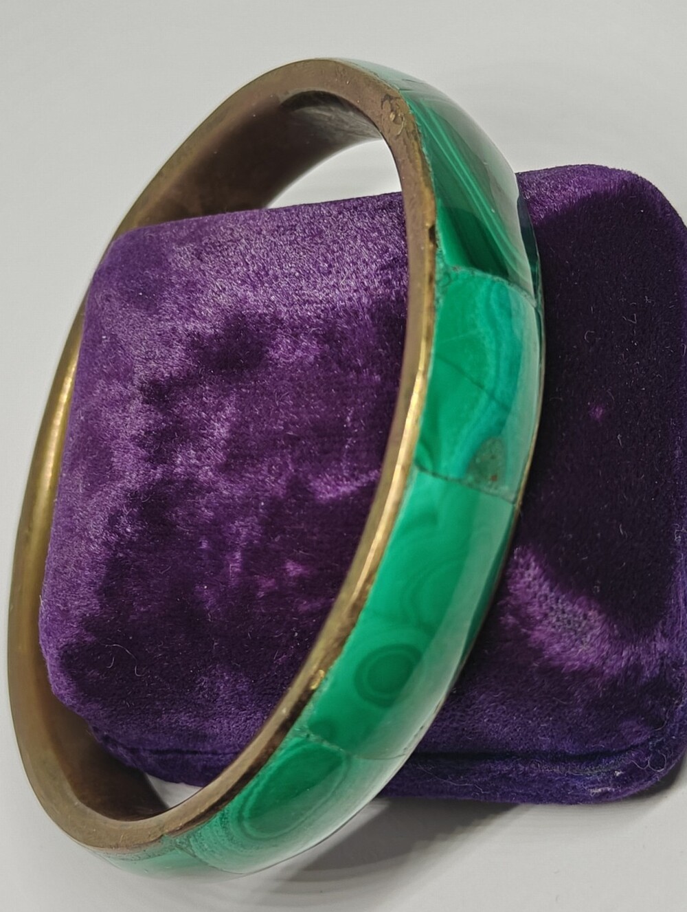 Vintage Heavy Silver Brass And Malachite Inlay Bangle Bracelet